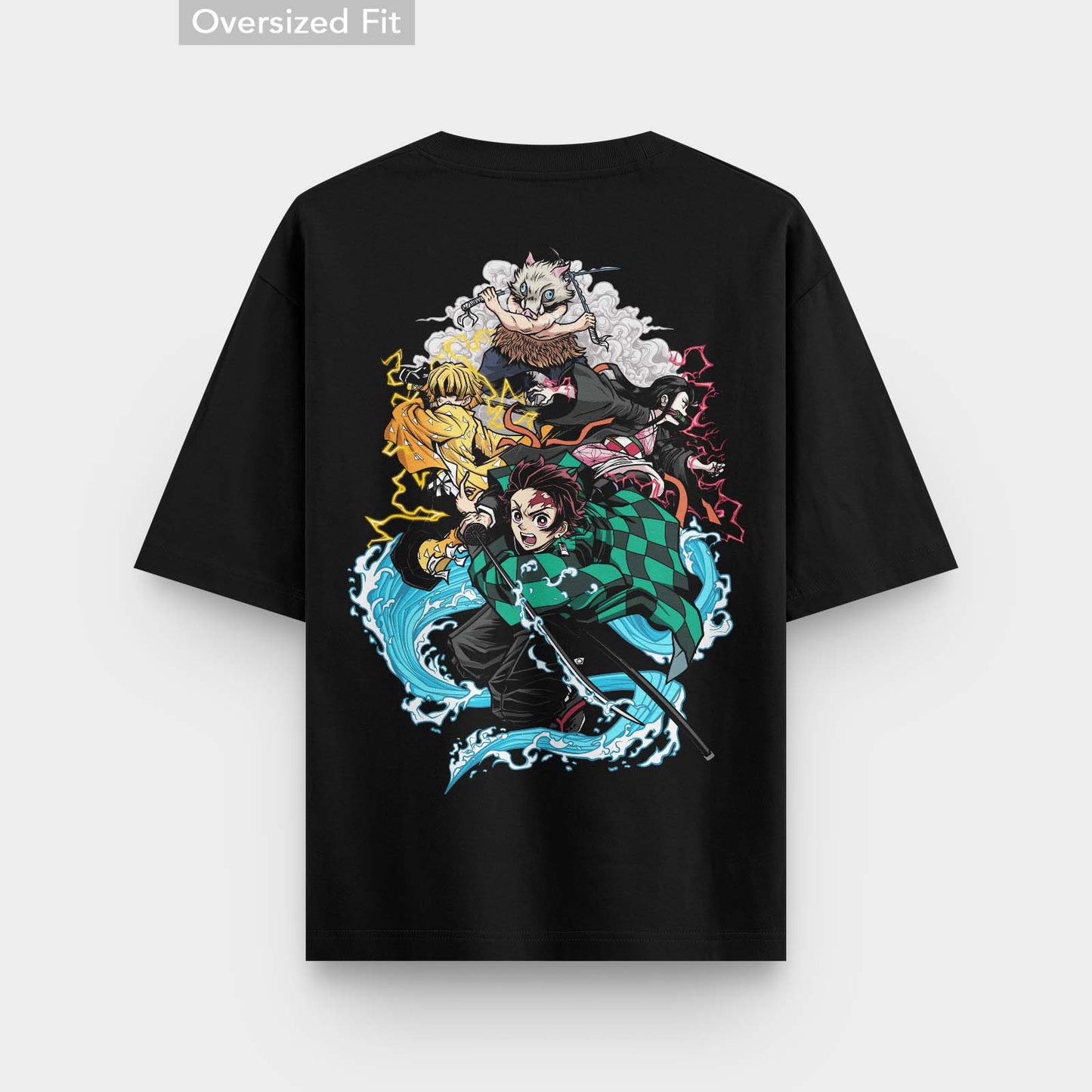 The image shows a black t-shirt with an oversized fit. The shirt features a colorful graphic print on the back depicting characters from the anime series "Demon Slayer." The characters depicted include Tanjiro Kamado in a dynamic pose at the center, surrounded by other characters like Nezuko, Zenitsu, and Inosuke, along with some of the Hashiras. The design is vibrant and detailed, appealing to fans of the series.