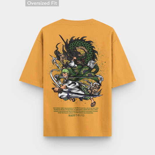 oversized t-shirt design featuring a detailed illustration of a character from a Japanese manga or anime series. The character appears to be a sword-wielding warrior, dressed in green clothing and facing a large, fantastical creature with scales and horns. The artwork is rendered in a vibrant, stylized manner, with a dark, moody color palette and dynamic, swirling elements surrounding the figures.